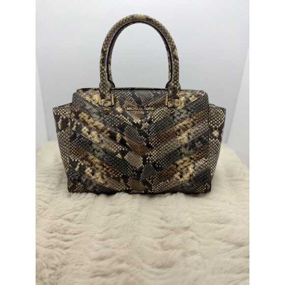Michael Kors Handbags - Michael Kors Selma Medium Satchel Python Embossed Leather Brown Chevron Bag